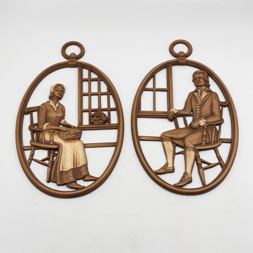Vintage Syroco Colonial Man Woman Wall Plaques Set Brown Faux Wood 12" Rustic